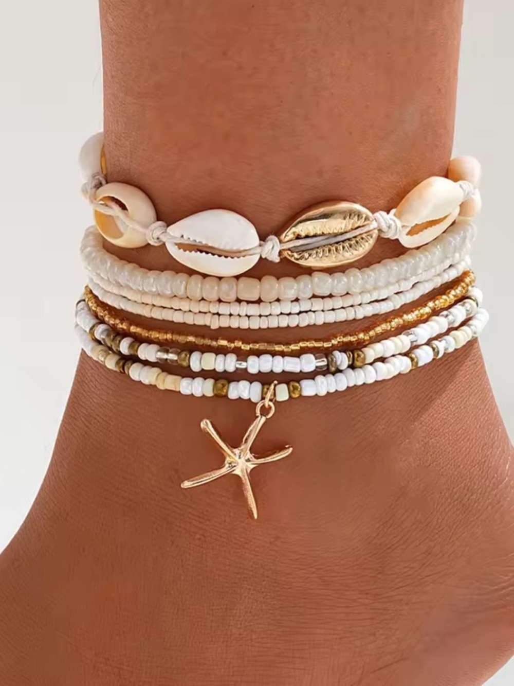 Boho Shell & Starfish Multi-Layer Anklet Bracelet - White & Gold
